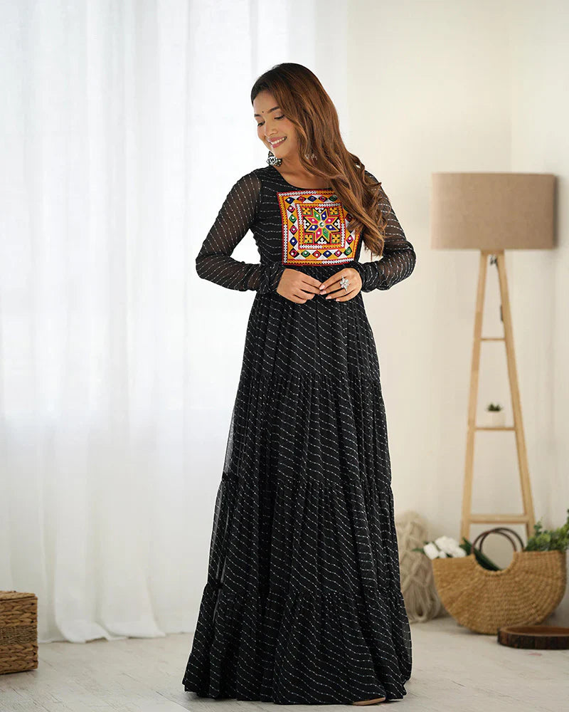 BLACK COLOR GEORGETTE LAHERIYA PRINT NAVRATRI GOWN