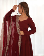 BEAUTIFUL MAROON COLOR PURE CHANDERI SILK THREE PIECE ANARKALI SUIT