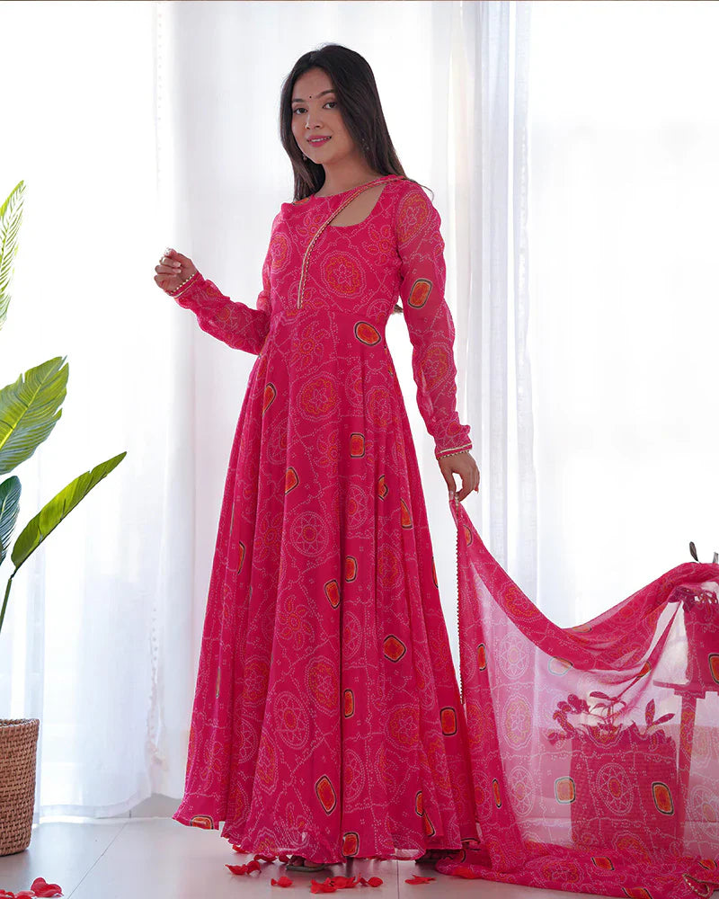 PINK COLOR BANDHEJ PRINT SOFT CHIFFON STYLISH NECK THREE PIECE ANARKALI GOWN