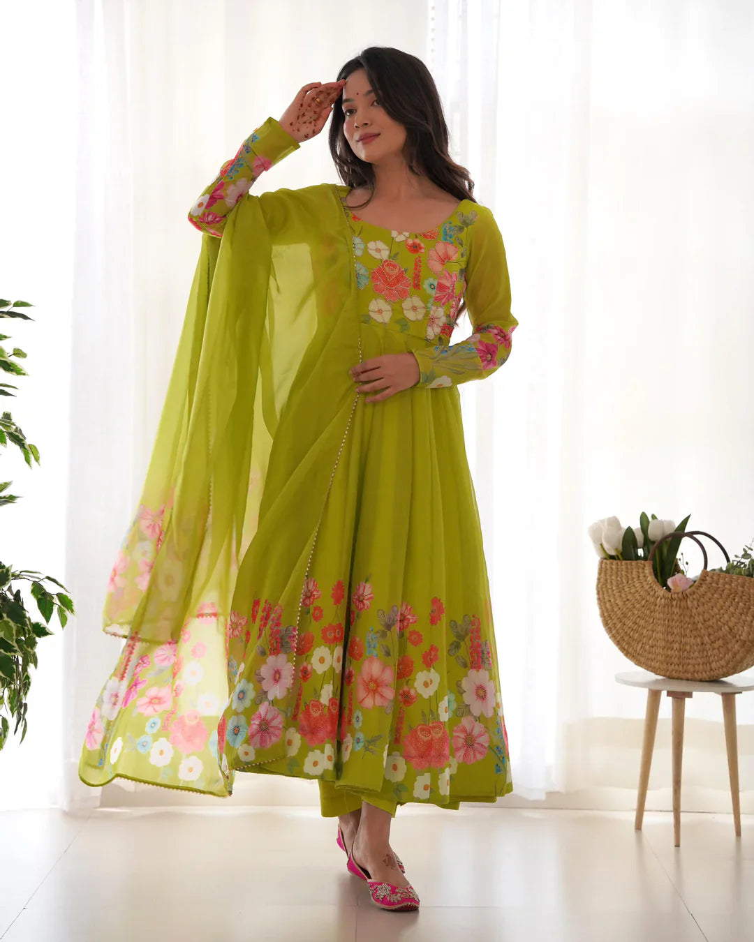 NEON COLOR FLORAL PRINT ORGANZA THREE PIECE ANARKALI SUIT