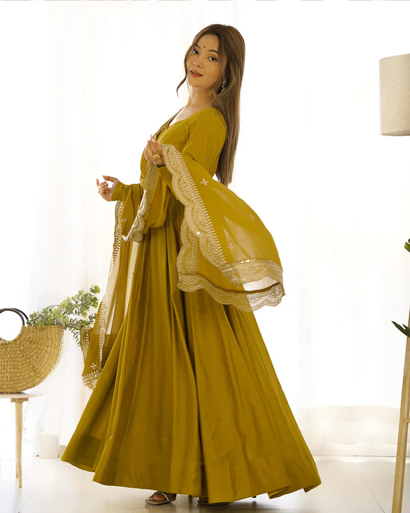 BEAUTIFUL MUSTARD COLOR PURE CHANDERI SILK THREE PIECE ANARKALI SUIT