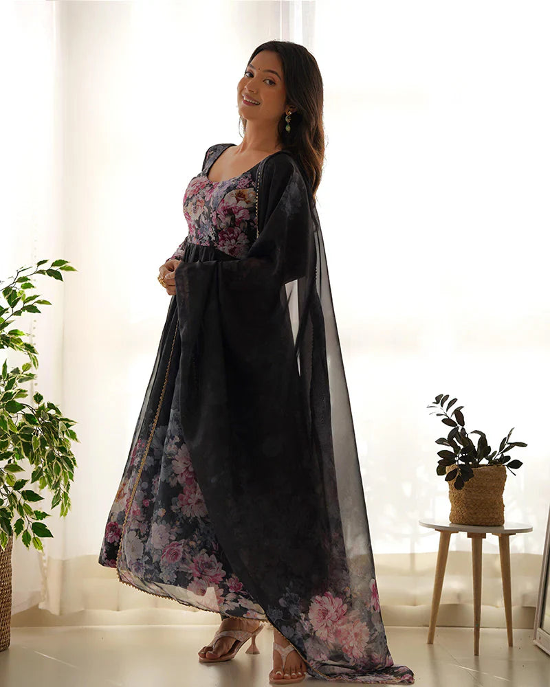 BLACK COLOR FLORAL PRINT ORGANZA THREE PIECE ANARKALI SUIT