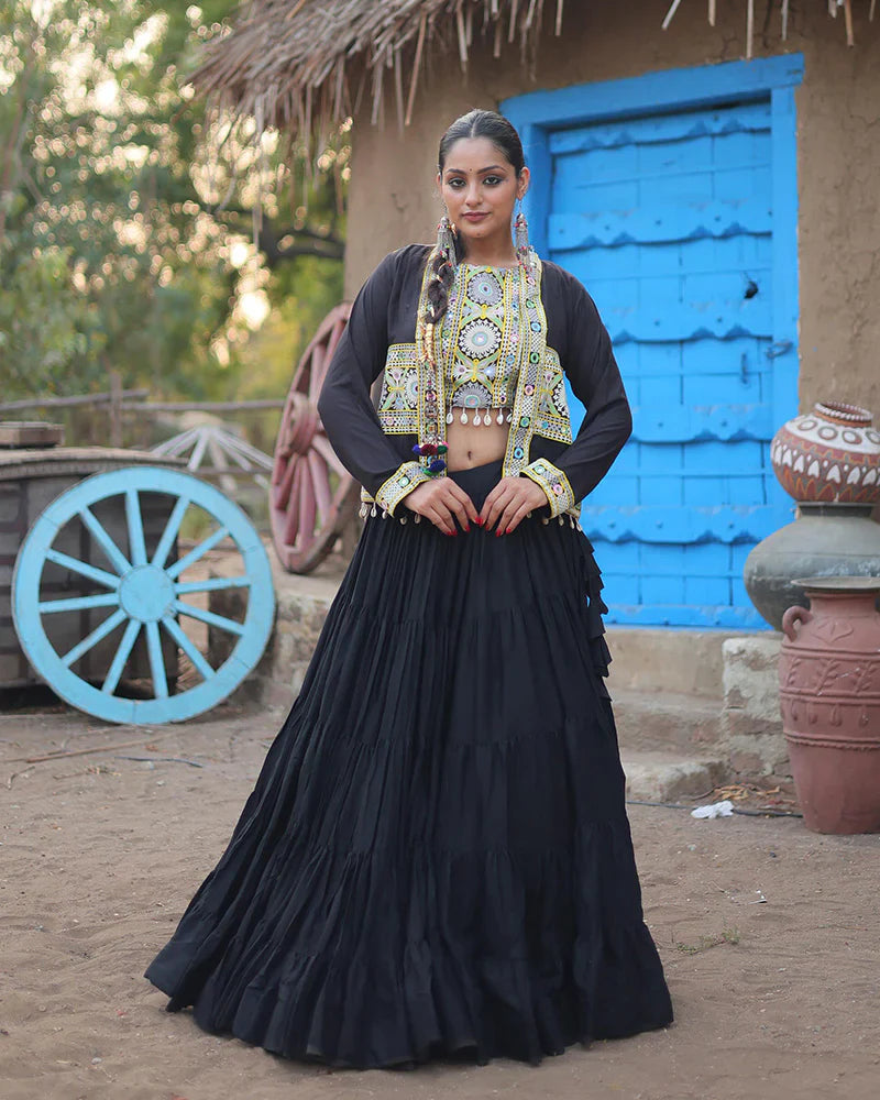 BLACK COLOR RAYON EMBROIDERED NAVRATRI LEHENGA CHOLI