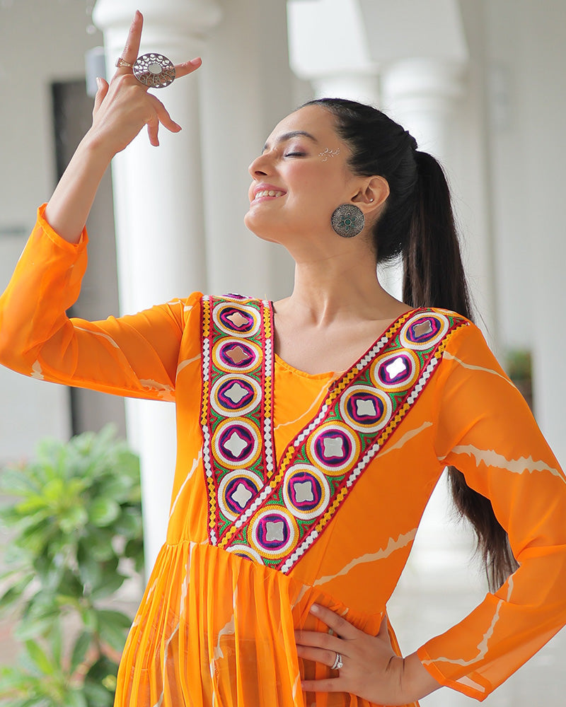 YELLOW COLOR FAUX GEORGETTE KUTCHI WORK NAVRATRI KURTI