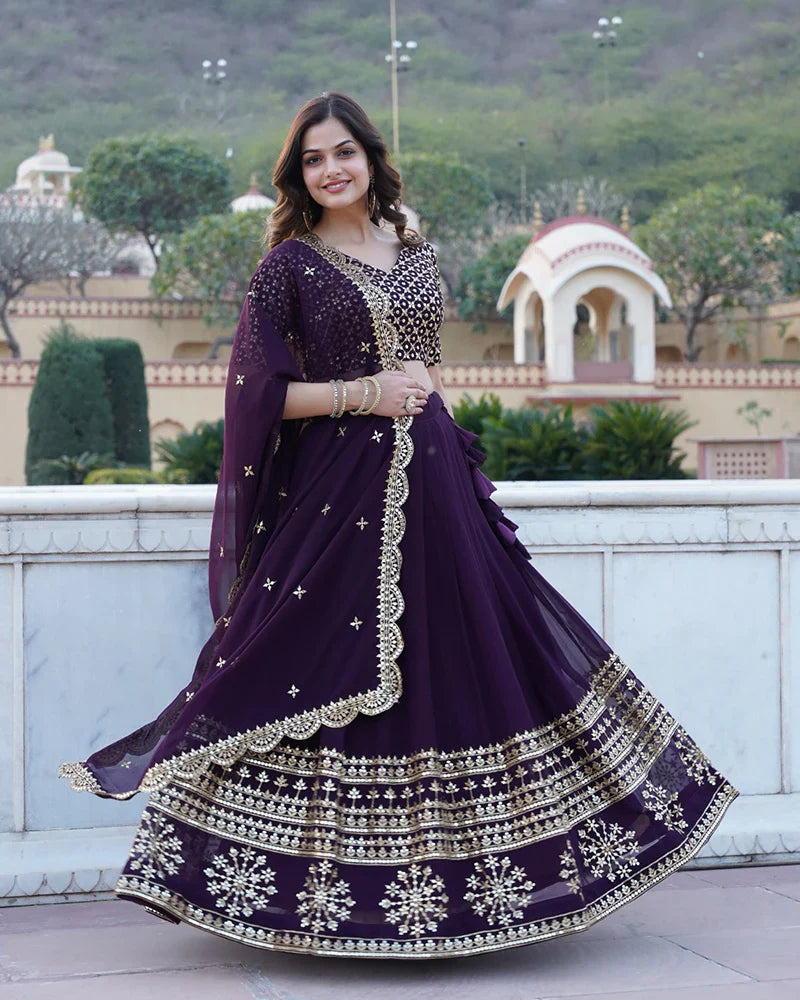 DESIGNER SEQUENCE EMBROIDERY WORK GEORGETTE LEHENGA CHOLI IN WINE COLOR