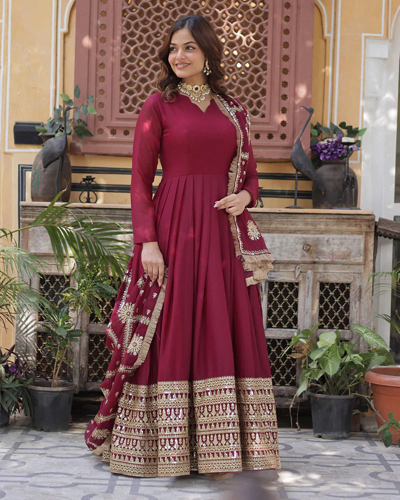 MAROON COLOR STAR GEORGETTE FABRIC BASE EMBROIDERED SEQUENCE WORK GOWN WITH DUPATTA
