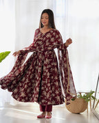 DARK MAROON COLOR GEORGETTE BASE ANARKALI SUIT SET OF 3