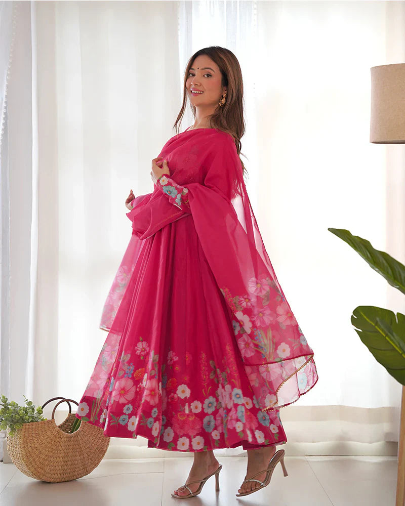 RANI PINK COLOR FLORAL PRINT ORGANZA THREE PIECE ANARKALI SUIT