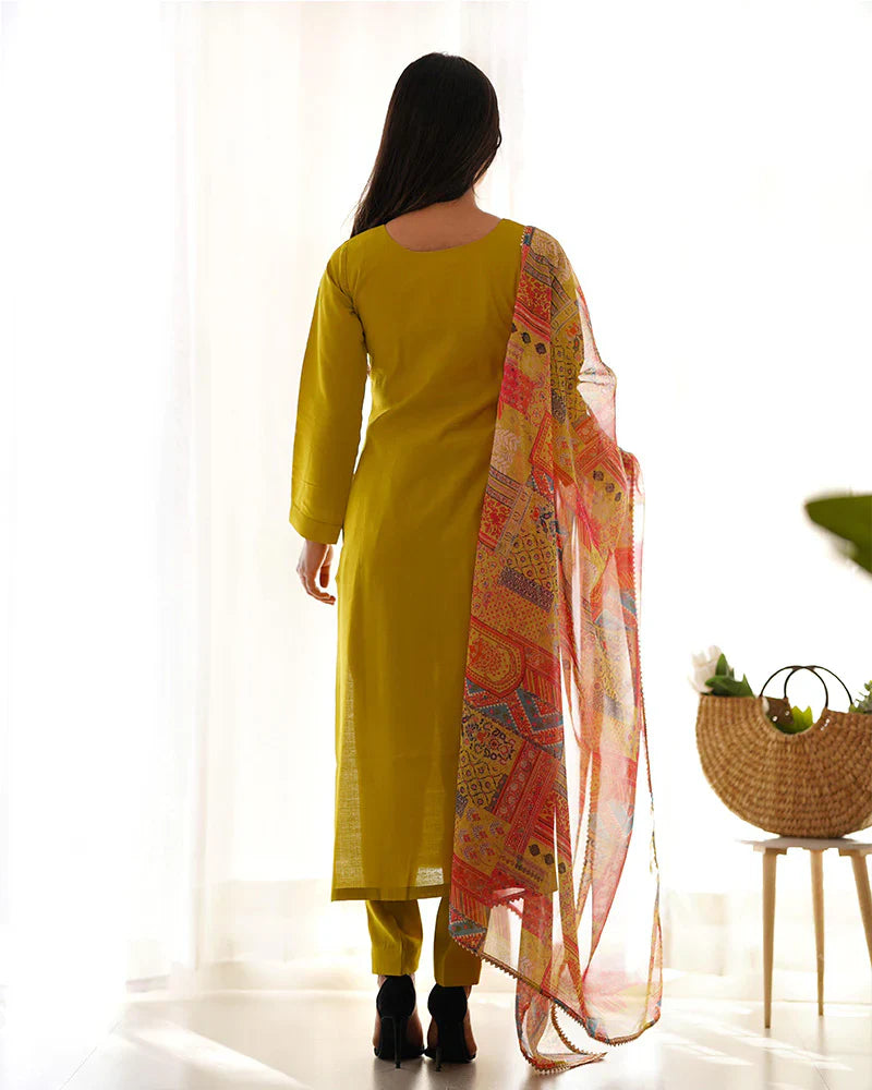 YELLOW COLOR VISCOSE READY TO WEAR THREE PIECE KURTI SUIT