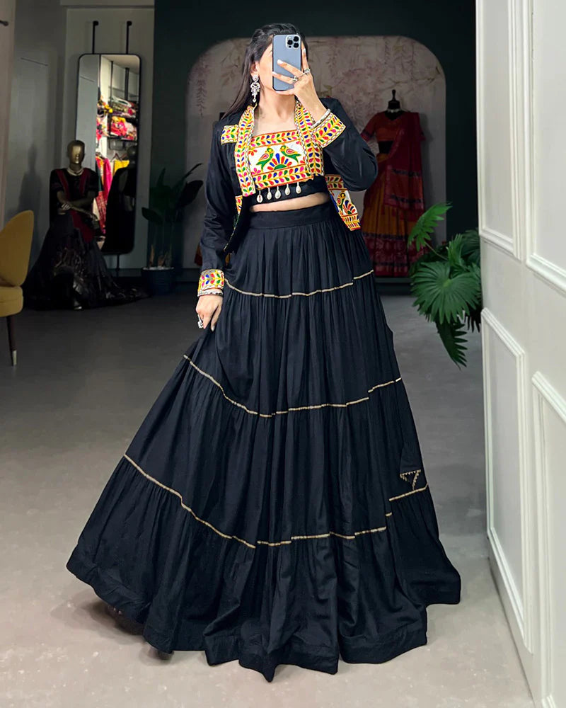 BLACK COLOR PURE RAYON GAMTHI NAVRATRI LEHENGA CHOLI