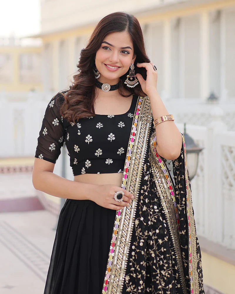 BLACK COLOR GEORGETTE SEQUENCE EMBROIDERED LEHENGA CHOLI