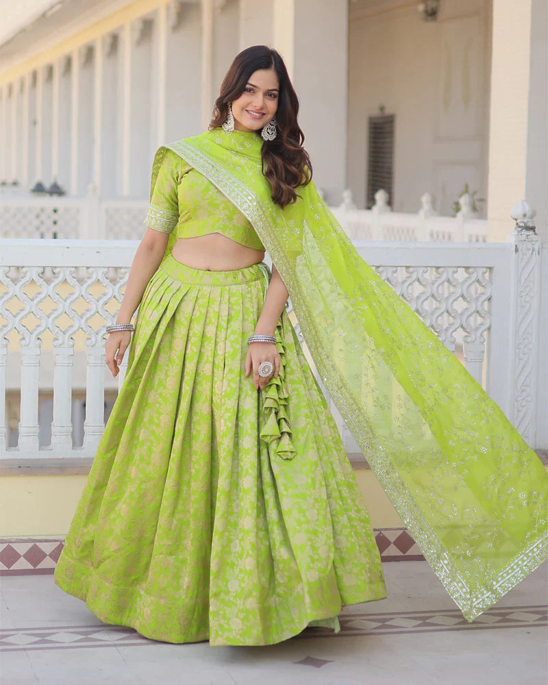 GREEN COLOR PURE VISCOSE JACQUARD LEHENGA CHOLI