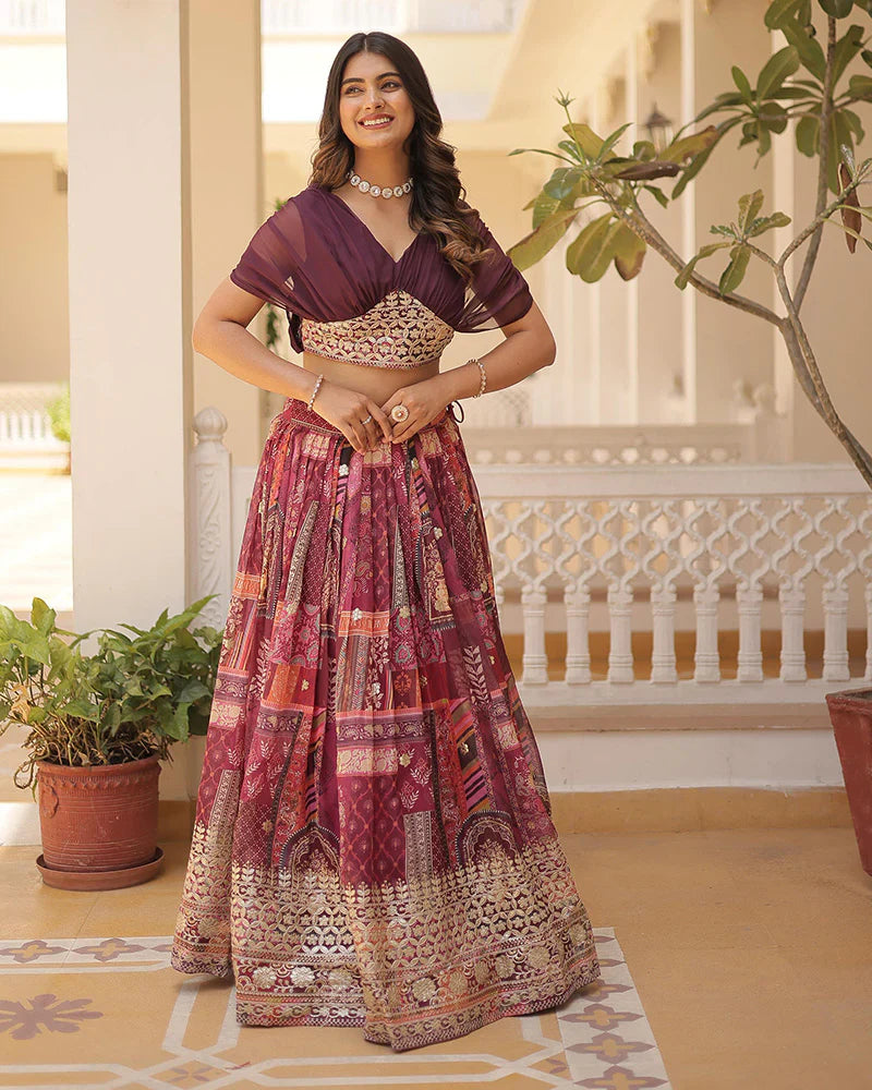 WINE COLOR DESIGNER RUSSIAN SILK EMBROIDERY CROP TOP LEHENGA CHOLI