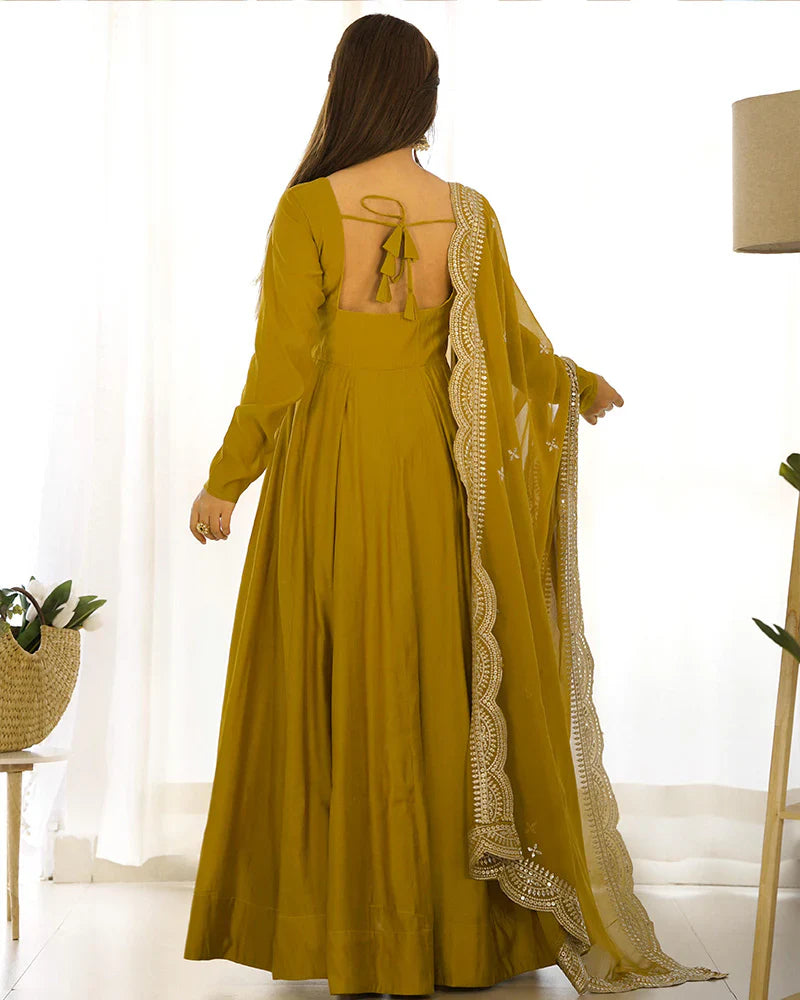 BEAUTIFUL MUSTARD COLOR PURE CHANDERI SILK THREE PIECE ANARKALI SUIT