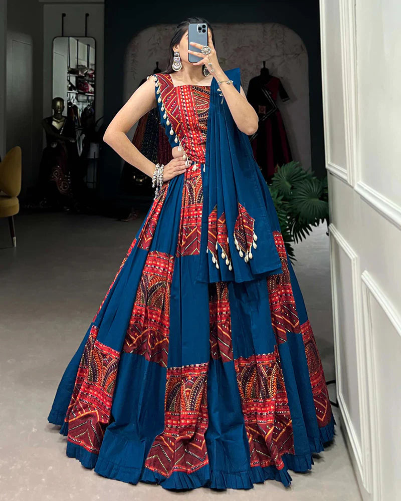 BLUE COLOR COTTON FOIL PRINTED NAVRATRI LEHENGA CHOLI