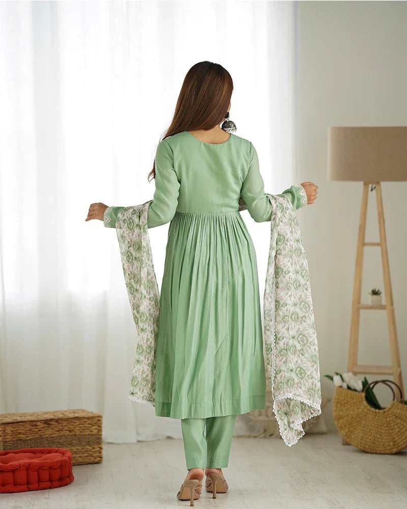 PISTA COLOR CHANDERI SILK THREE PIECE KURTI SUIT