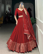 RED COLOR PURE CHANDERI PLAIN NAVRATRI LEHENGA CHOLI