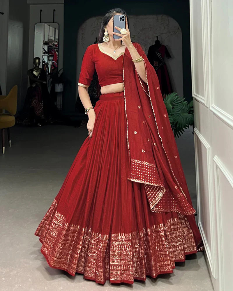 RED COLOR PURE CHANDERI PLAIN NAVRATRI LEHENGA CHOLI