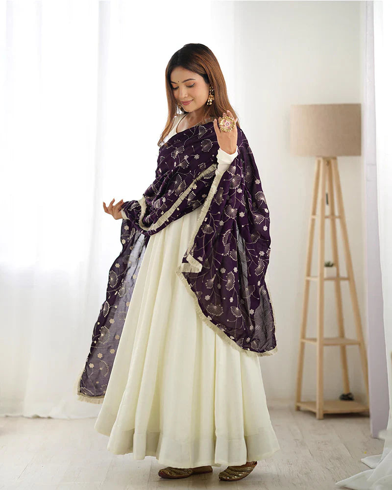 WHITE COLOR SOFT VICHITRA SILK ANARKALI WITH DARK PURPLE DUPATTA