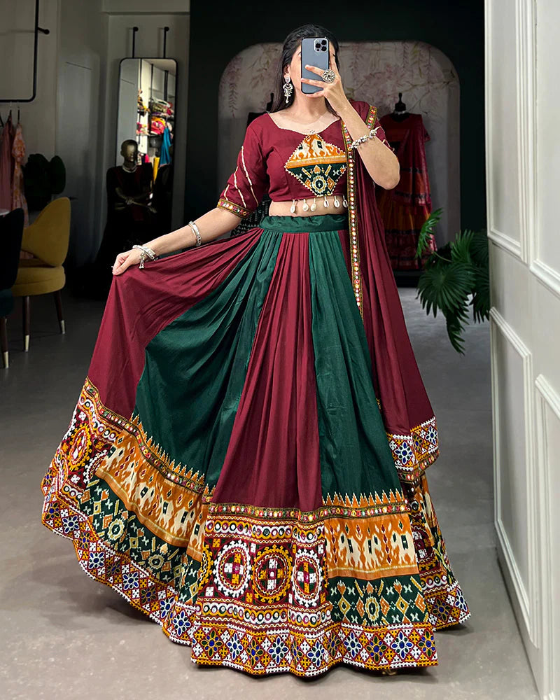 GREEN COLOR RAYON PRINTED NAVRATRI LEHENGA CHOLI