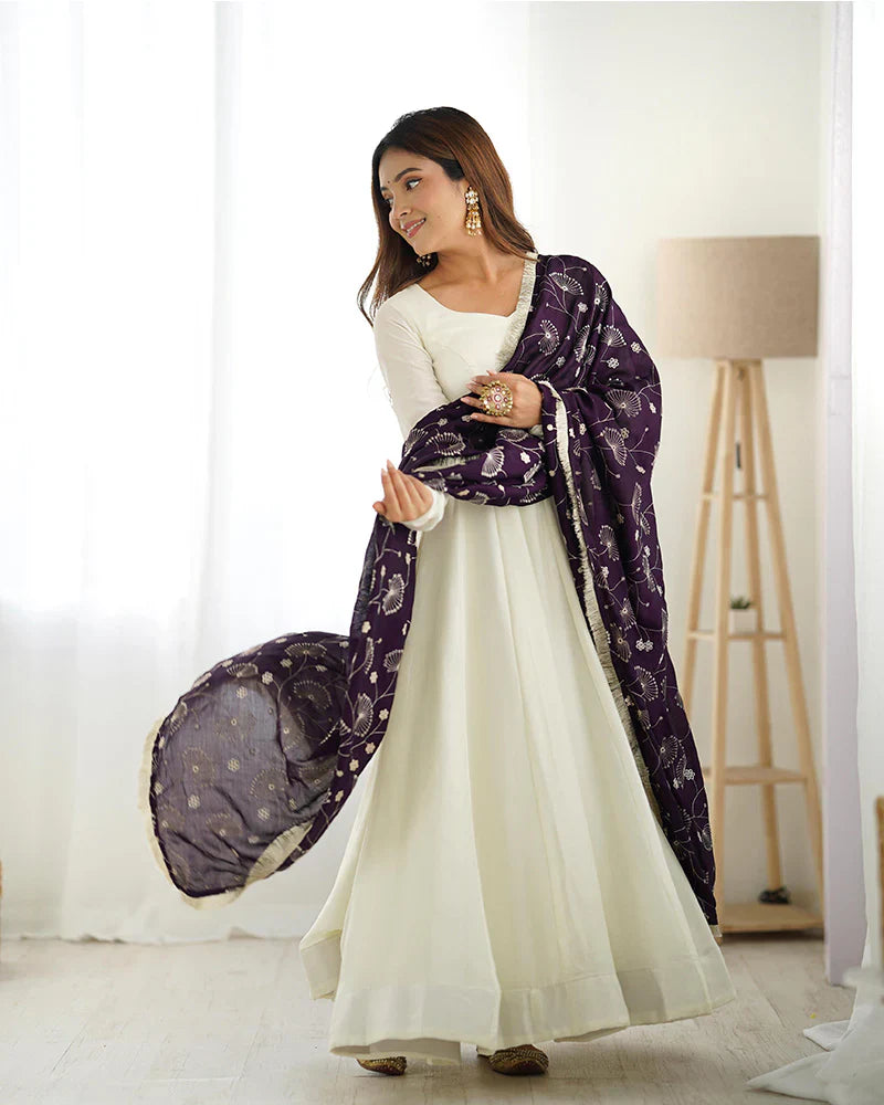 WHITE COLOR SOFT VICHITRA SILK ANARKALI WITH DARK PURPLE DUPATTA