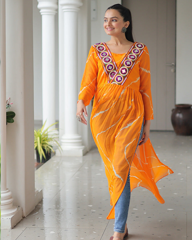 YELLOW COLOR FAUX GEORGETTE KUTCHI WORK NAVRATRI KURTI