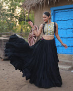 BLACK COLOR RAYON EMBROIDERED NAVRATRI LEHENGA CHOLI
