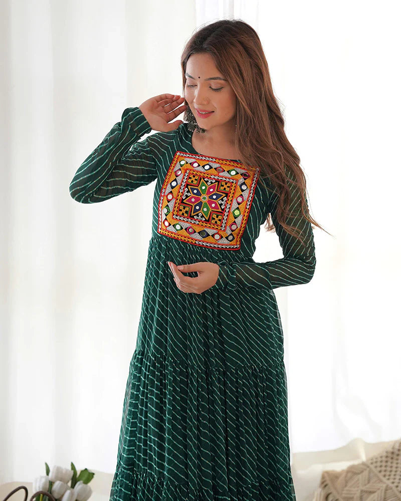 GREEN COLOR GEORGETTE LAHERIYA PRINT NAVRATRI GOWN