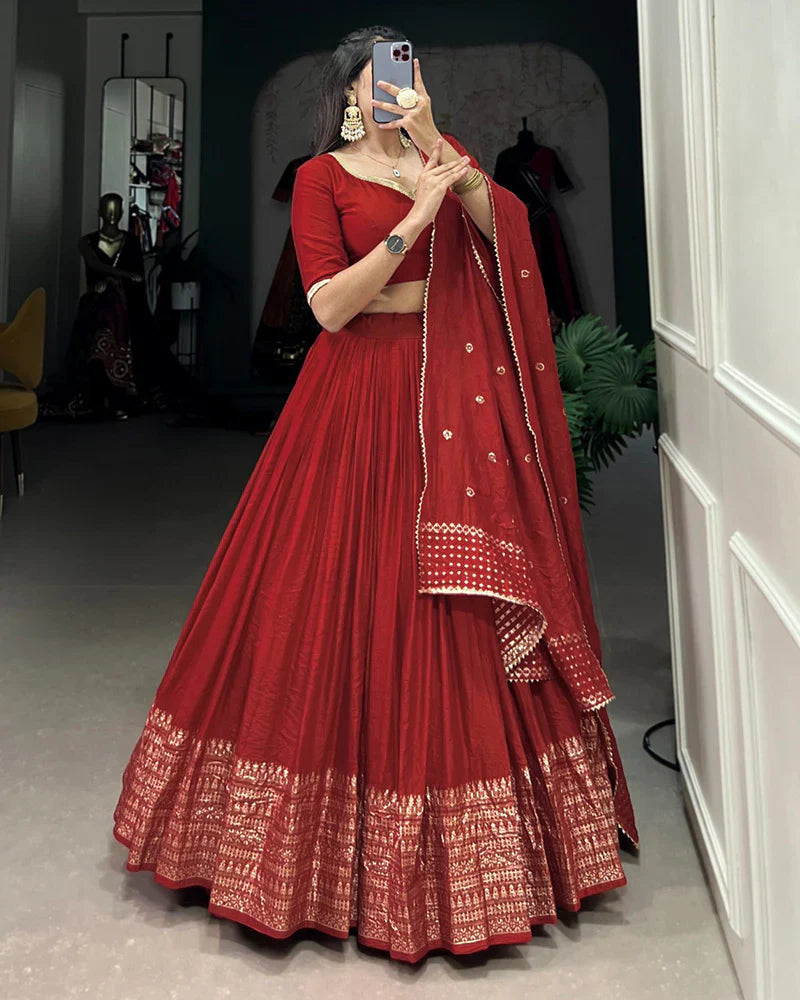 RED COLOR PURE CHANDERI PLAIN NAVRATRI LEHENGA CHOLI