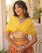 YELLOW COLOR DESIGNER RUSSIAN SILK EMBROIDERY CROP TOP LEHENGA CHOLI