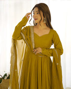 BEAUTIFUL MUSTARD COLOR PURE CHANDERI SILK THREE PIECE ANARKALI SUIT