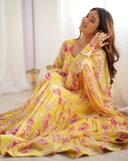 YELLOW COLOR GEORGETTE THREE LAYER RUFFLE STYLE ANARKALI SUIT