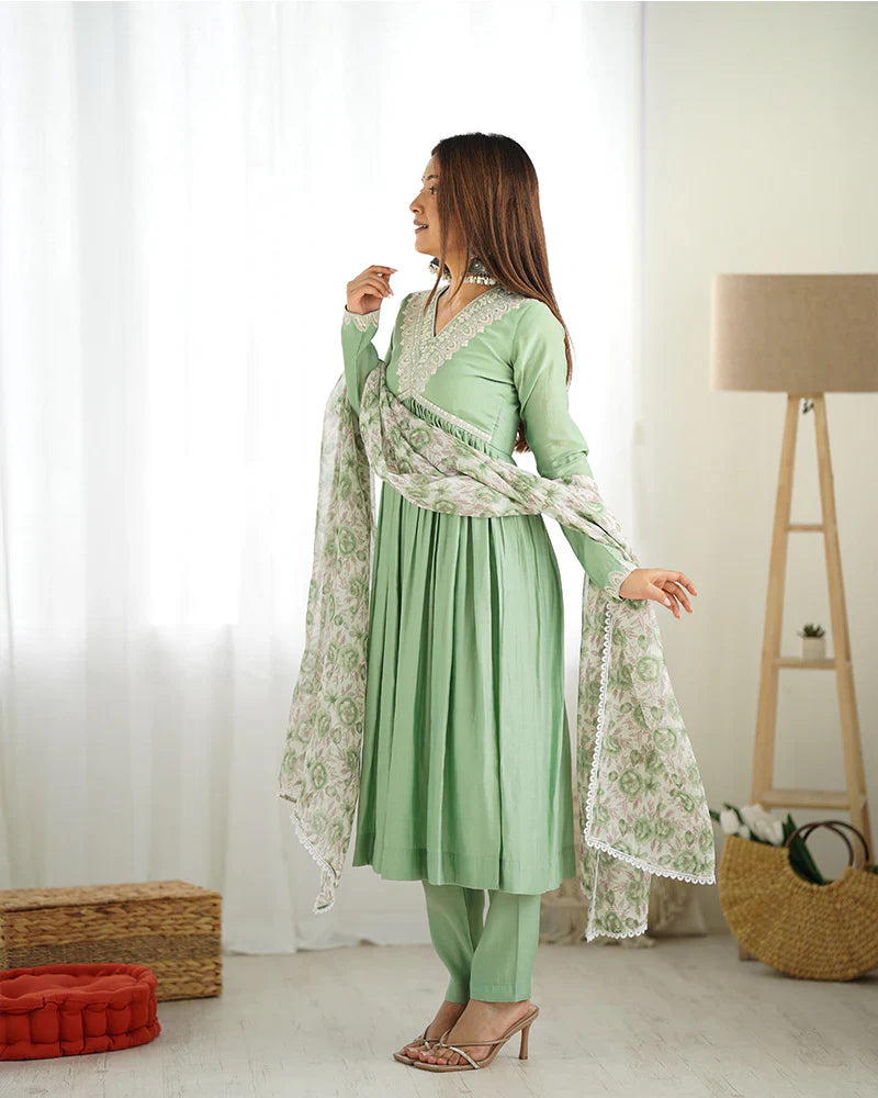 PISTA COLOR CHANDERI SILK THREE PIECE KURTI SUIT