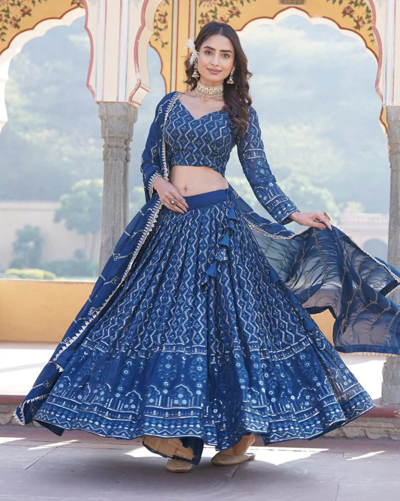 RAMA COLOR GEORGETTE HEAVY EMBROIDERY THREADED SEMI STITCHED LEHENGA CHOLI