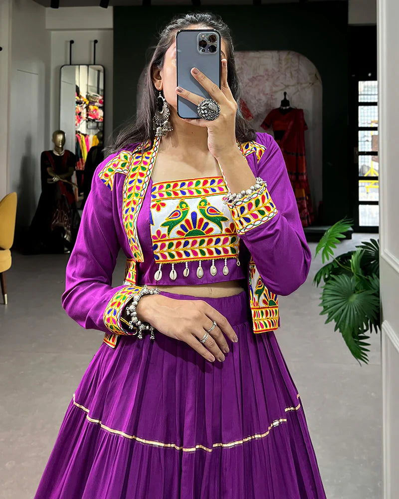 PURPLE COLOR PURE RAYON GAMTHI NAVRATRI LEHENGA CHOLI