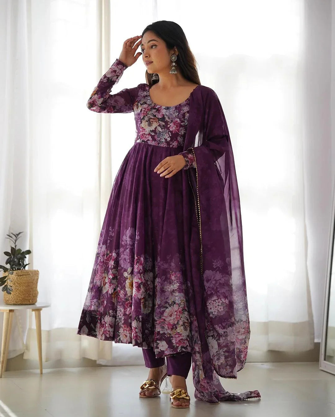 WINE COLOR FLORAL PRINT ORGANZA THREE PIECE ANARKALI SUIT