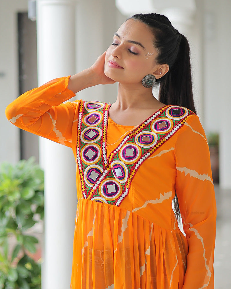 YELLOW COLOR FAUX GEORGETTE KUTCHI WORK NAVRATRI KURTI