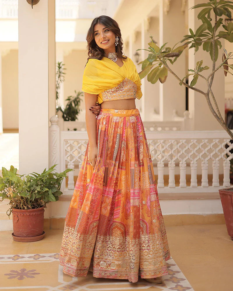 YELLOW COLOR DESIGNER RUSSIAN SILK EMBROIDERY CROP TOP LEHENGA CHOLI