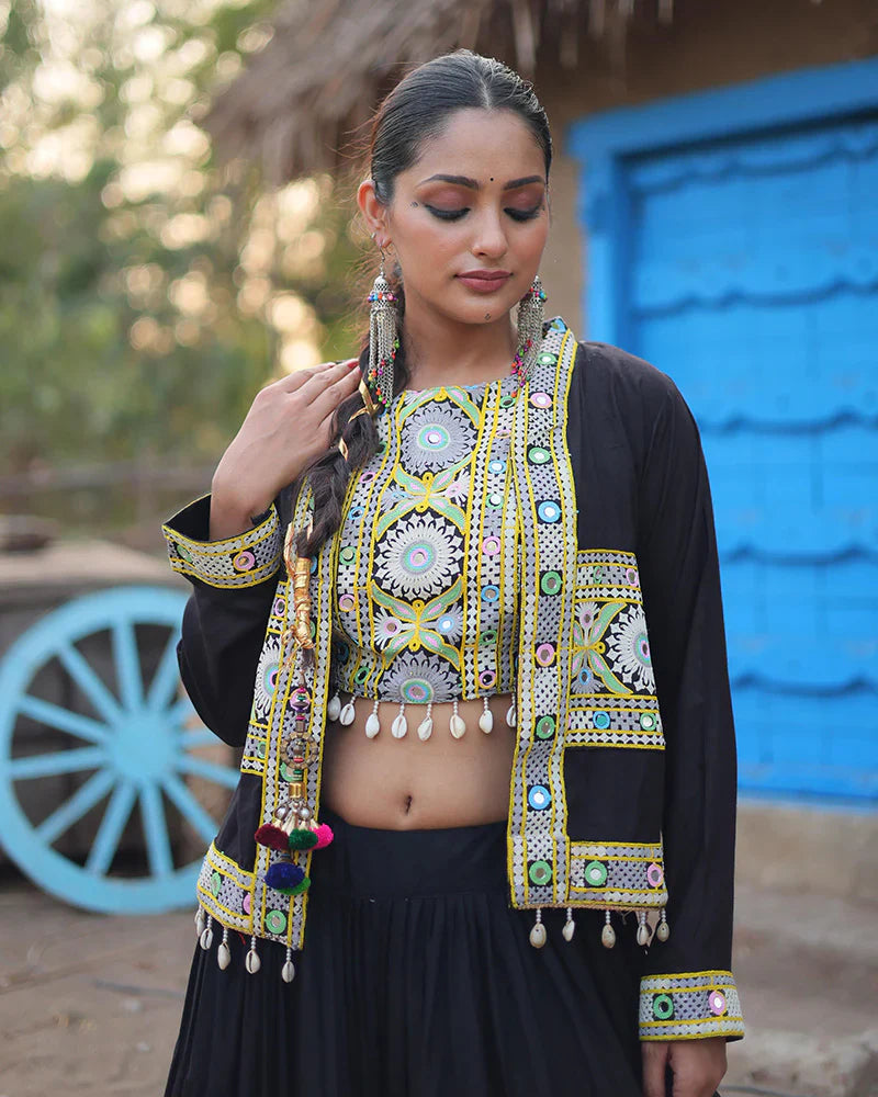 BLACK COLOR RAYON EMBROIDERED NAVRATRI LEHENGA CHOLI