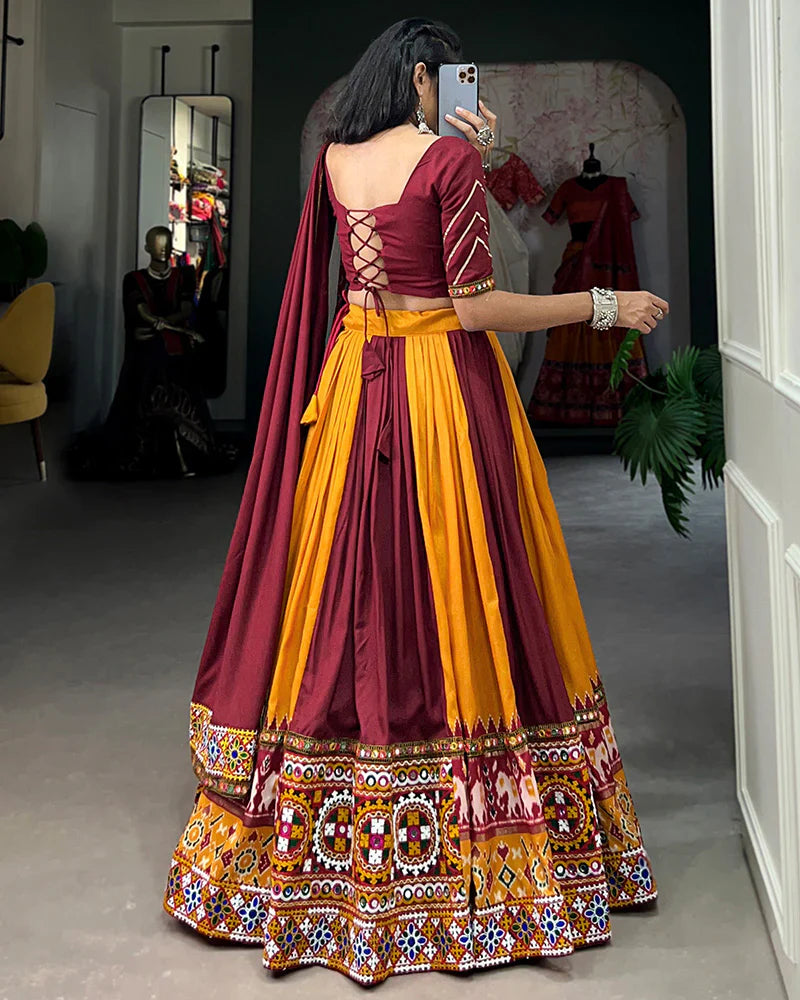 MUSTARD COLOR RAYON PRINTED NAVRATRI LEHENGA CHOLI
