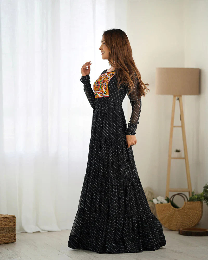 BLACK COLOR GEORGETTE LAHERIYA PRINT NAVRATRI GOWN