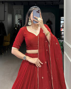 RED COLOR PURE CHANDERI PLAIN NAVRATRI LEHENGA CHOLI