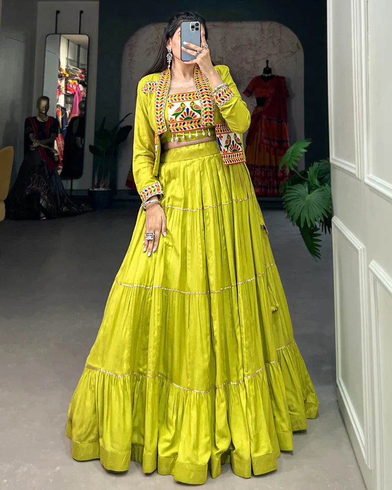 PARROT GREEN COLOR PURE RAYON GAMTHI NAVRATRI LEHENGA CHOLI