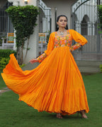 YELLOW COLOR RAYON NAVRATRI GOWN