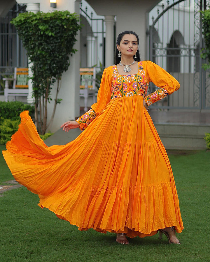 YELLOW COLOR RAYON NAVRATRI GOWN