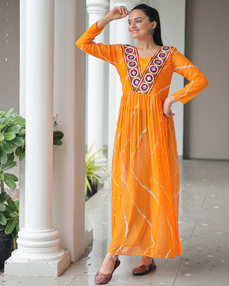 YELLOW COLOR FAUX GEORGETTE KUTCHI WORK NAVRATRI KURTI