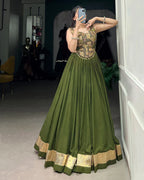 OLIVE GREEN COLOR PURE RAYON NAVRATRI LEHENGA CHOLI