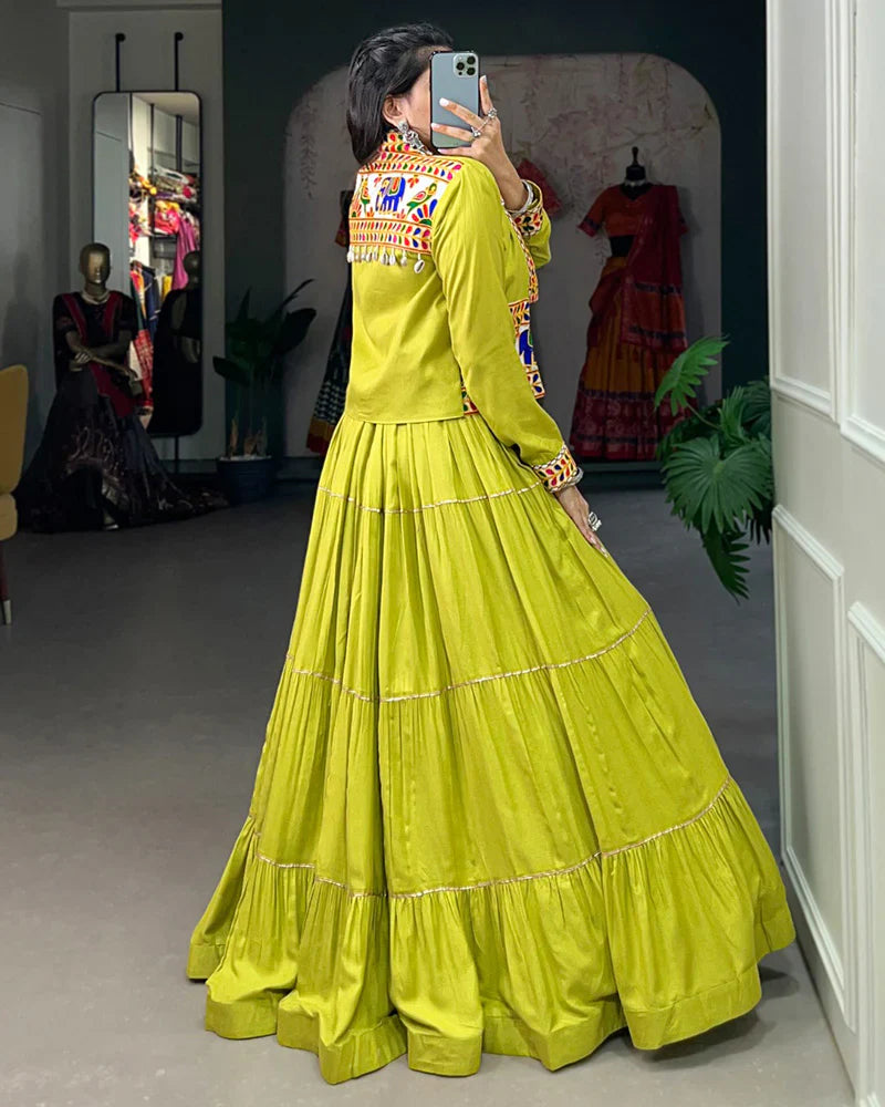 PARROT GREEN COLOR PURE RAYON GAMTHI NAVRATRI LEHENGA CHOLI