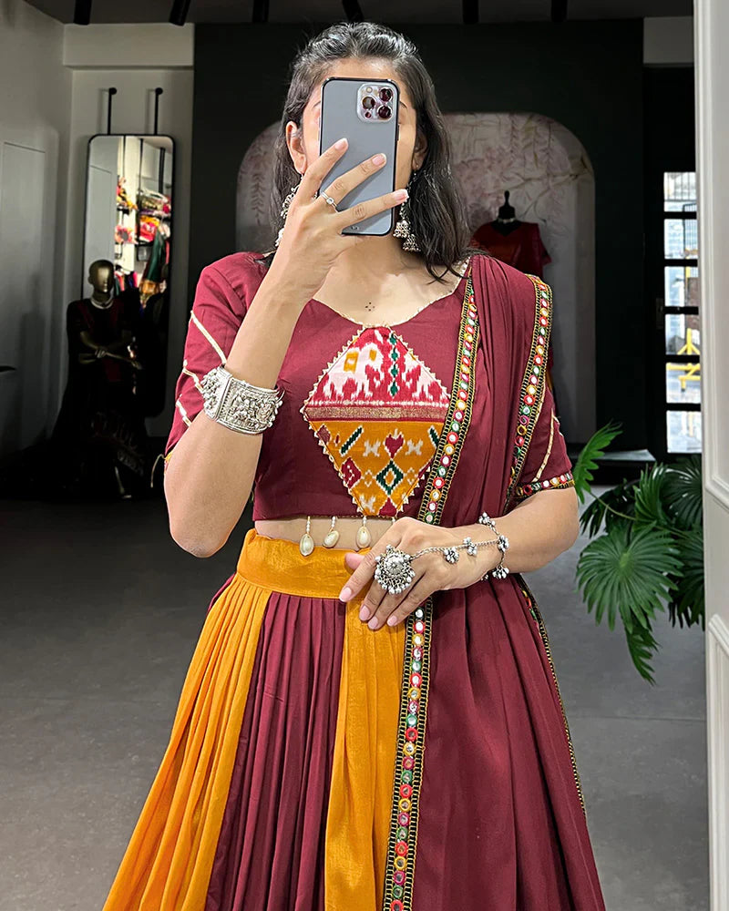 MUSTARD COLOR RAYON PRINTED NAVRATRI LEHENGA CHOLI
