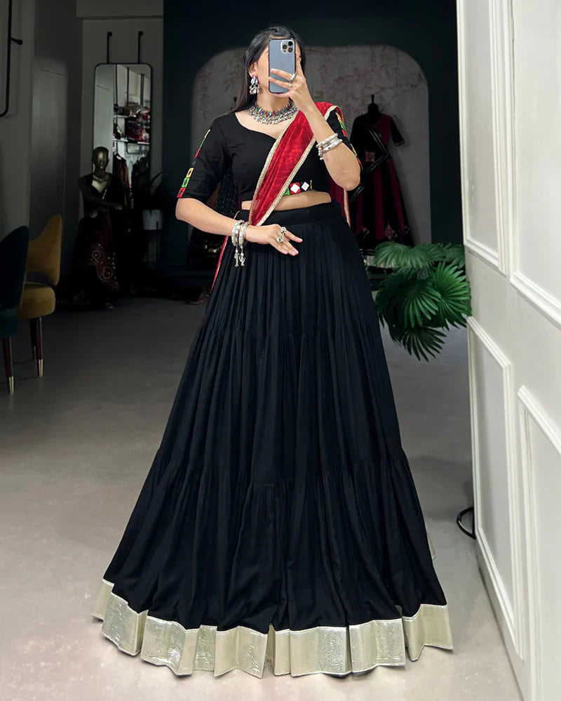 BLACK COLOR RAYON RUFFLE STYLE NAVRATRI LEHENGA CHOLI